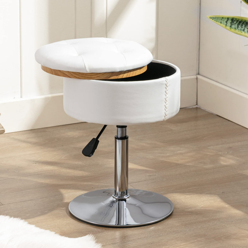 360 Rotating Dressing Table Stool for Powder Room Height Adjustable Dressing Table Stool with Storage Function Small White Imitation Leather